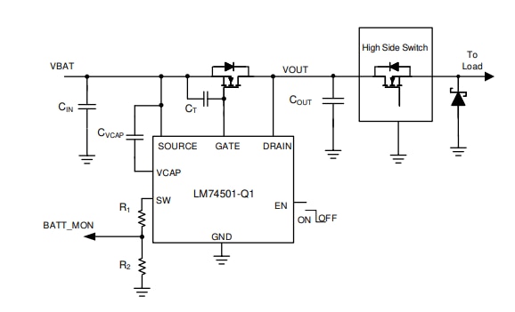Applikations-Schaltungsdiagramm - Texas Instruments LM74501-Q1 Verpolungsschutz-Controller
